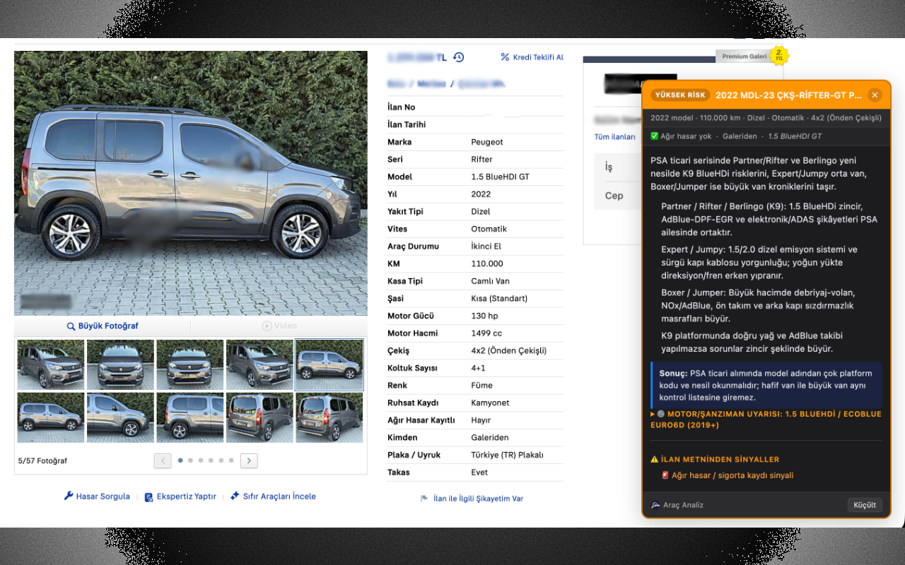 Yüksek Risk: Peugeot Rifter ilanında BlueHDI motor ve K9 platformu uyarıları